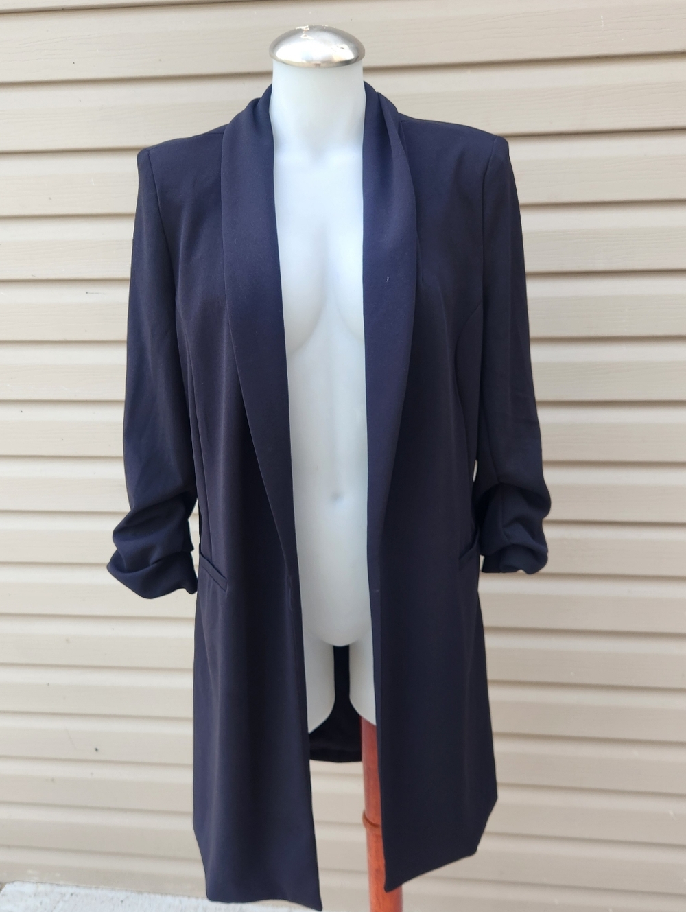 BBJ Blazer Jacket Womens Large Black Ruched Sleeve Lined Classic Chic Minimalist